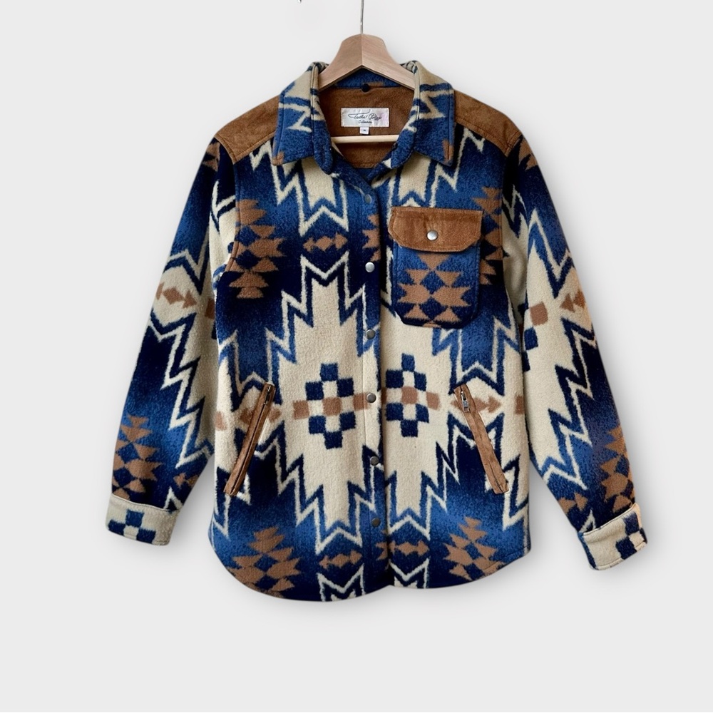 Tasha Polizzi Mountain Blue Western Jacket – Geometric Print, M (No Fur Collar)